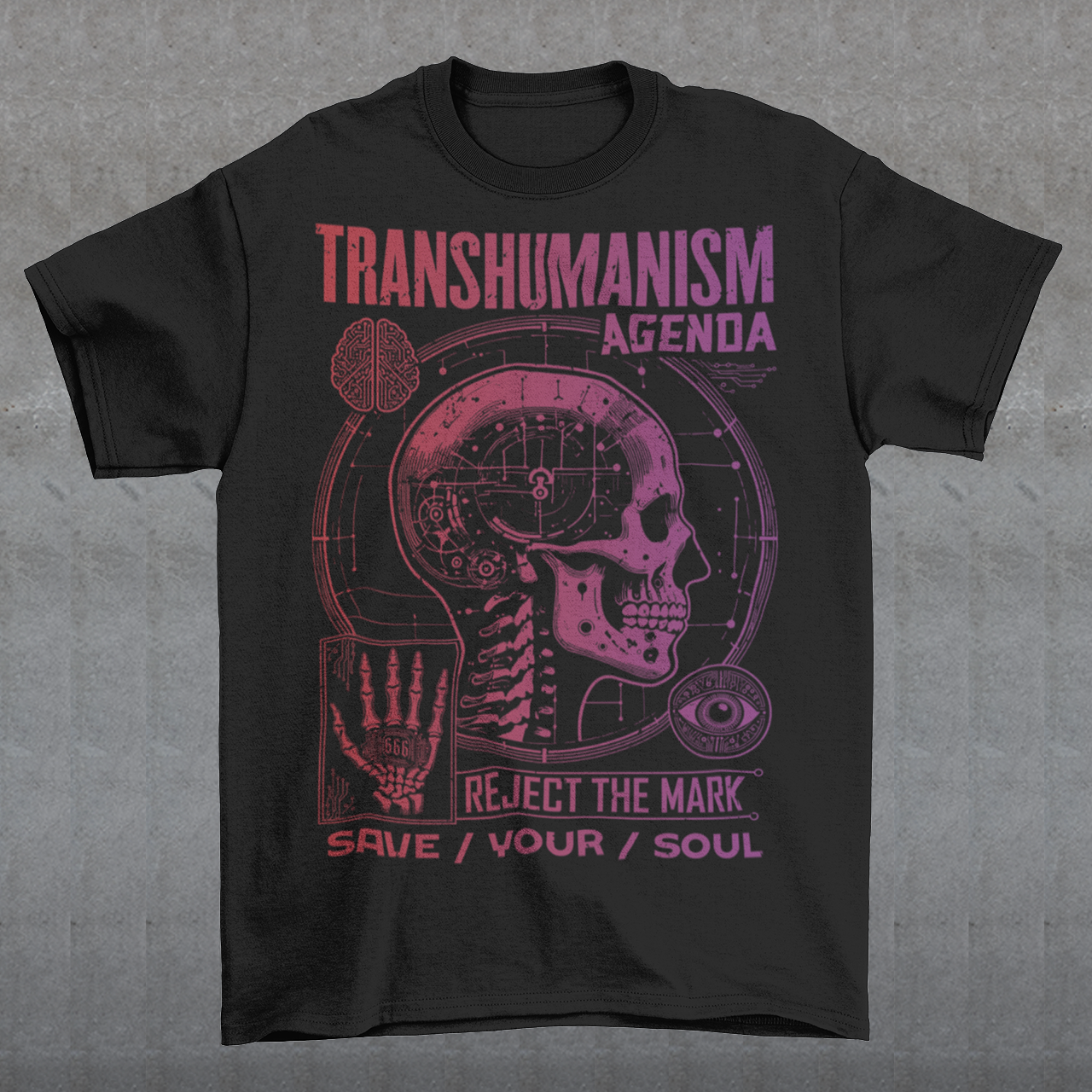 Graphic t-shirt featuring a futuristic 'Transhumanism Agenda' theme, depicting a humanoid figure with robotic enhancements and a glowing digital eye. The figure bears the 'mark of the beast'—a barcode or microchip symbol—on its forehead. Circuit patterns and neon blue lines radiate across a dark, high-tech background, emphasizing a dystopian fusion of man and machine. The design suggests a cautionary message about technology and identity.