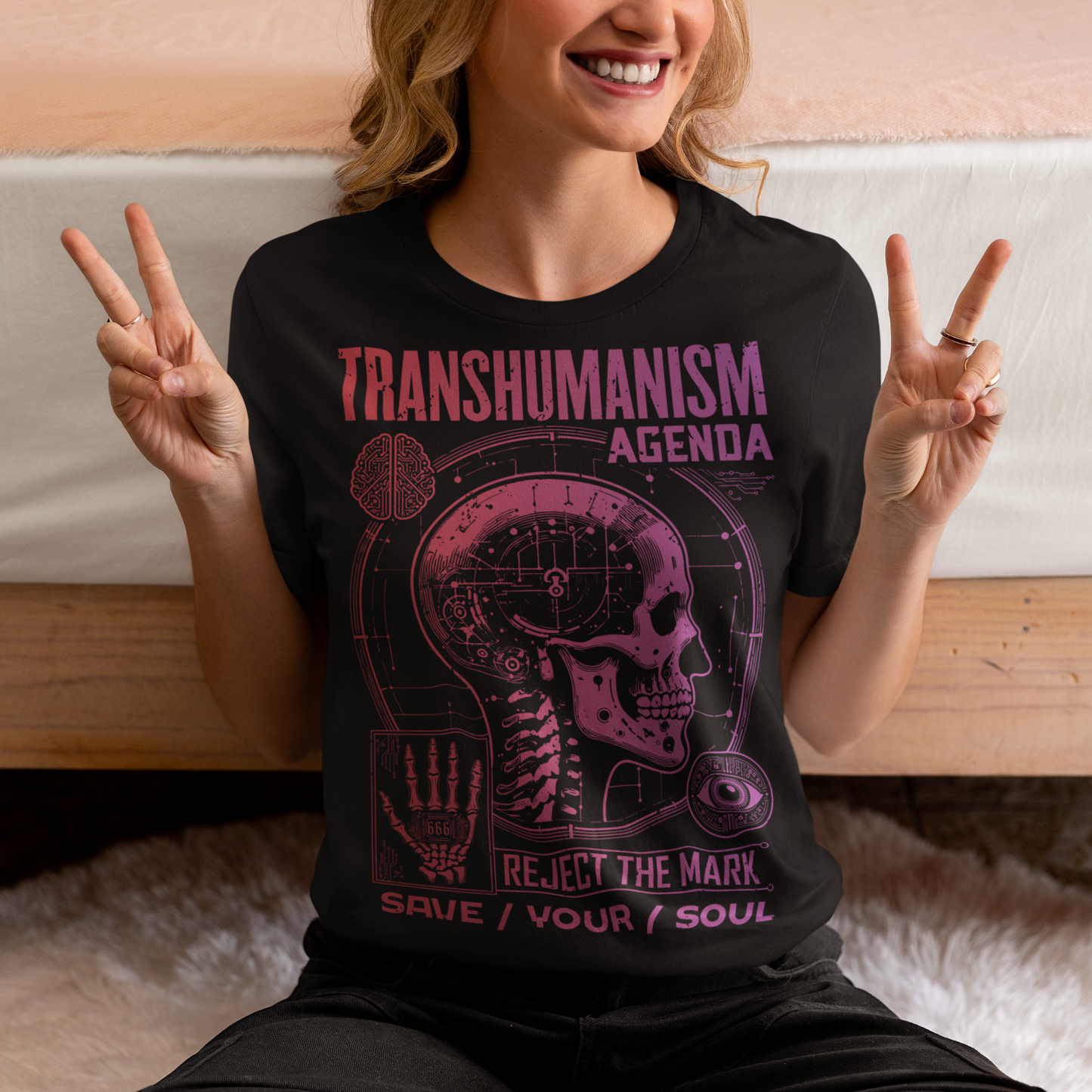 Graphic t-shirt featuring a futuristic 'Transhumanism Agenda' theme, depicting a humanoid figure with robotic enhancements and a glowing digital eye. The figure bears the 'mark of the beast'—a barcode or microchip symbol—on its forehead. Circuit patterns and neon blue lines radiate across a dark, high-tech background, emphasizing a dystopian fusion of man and machine. The design suggests a cautionary message about technology and identity.