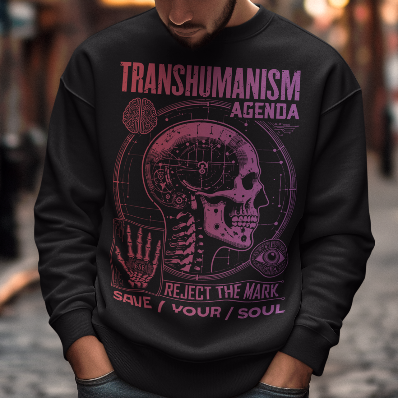 Black sweatshirt of a Transhumanism Agenda with mark of the beast.