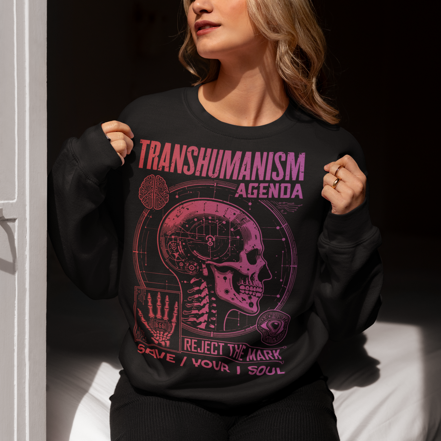 Black sweatshirt of a Transhumanism Agenda with mark of the beast.