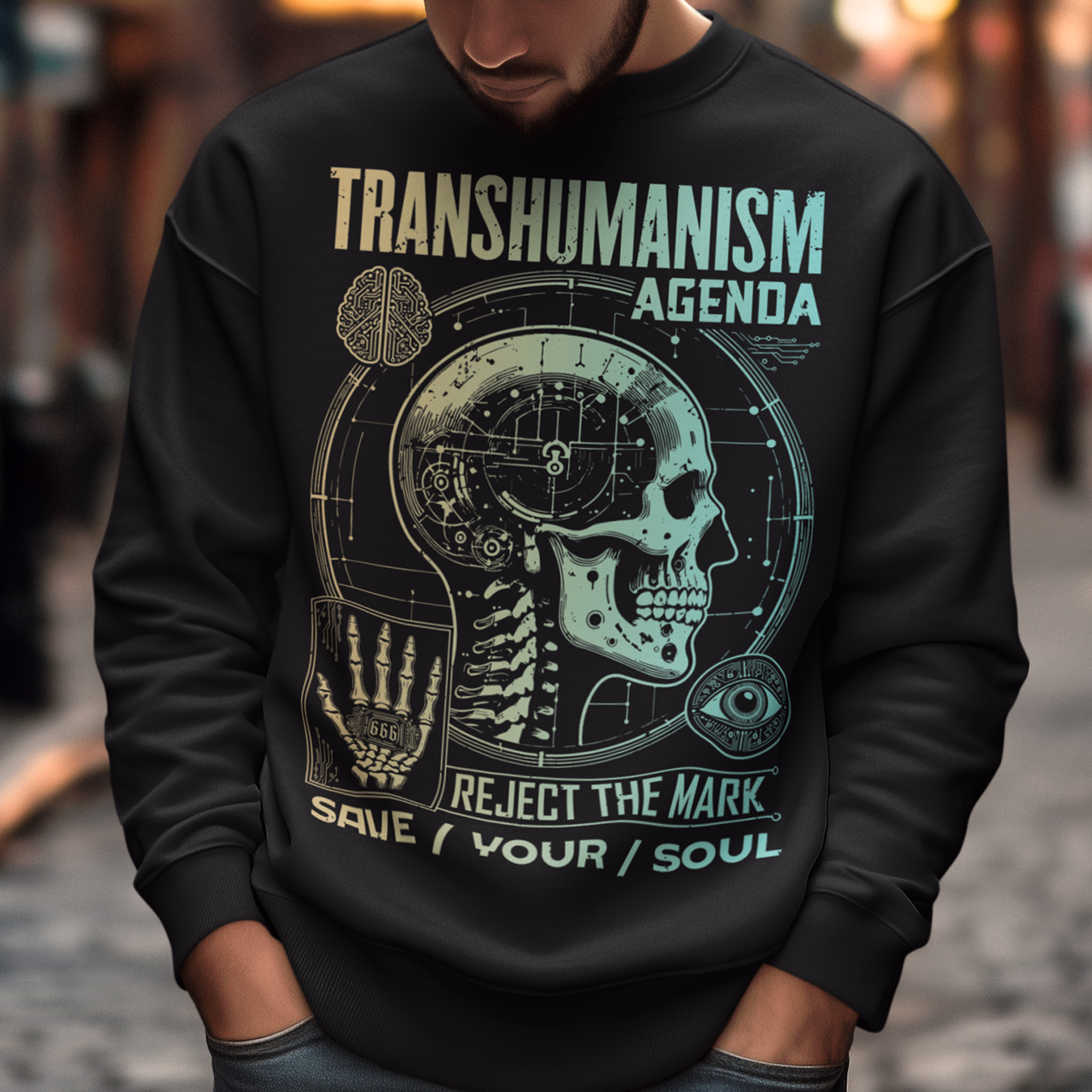 Black sweatshirt of a Transhumanism Agenda with mark of the beast.