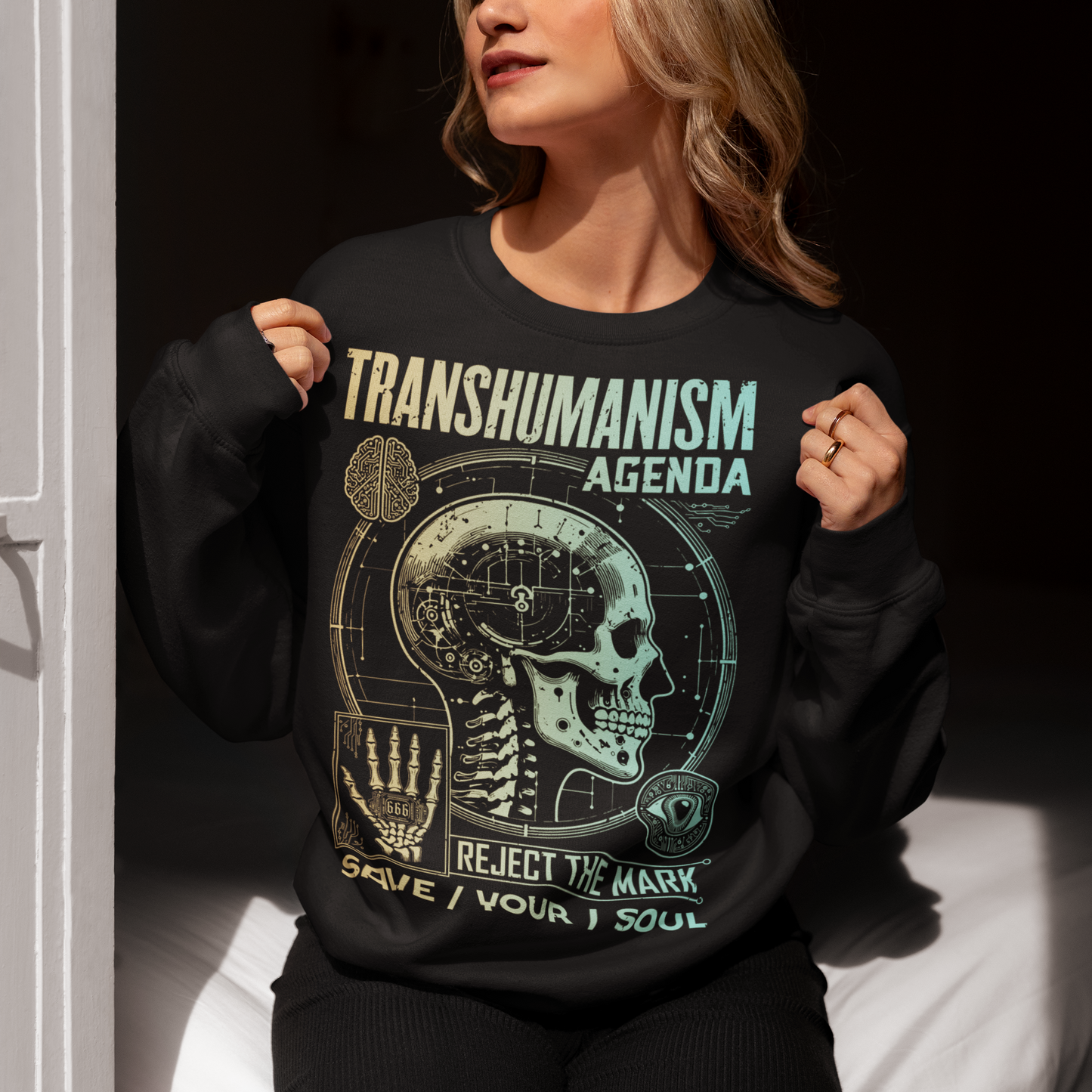 Black sweatshirt of a Transhumanism Agenda with mark of the beast.