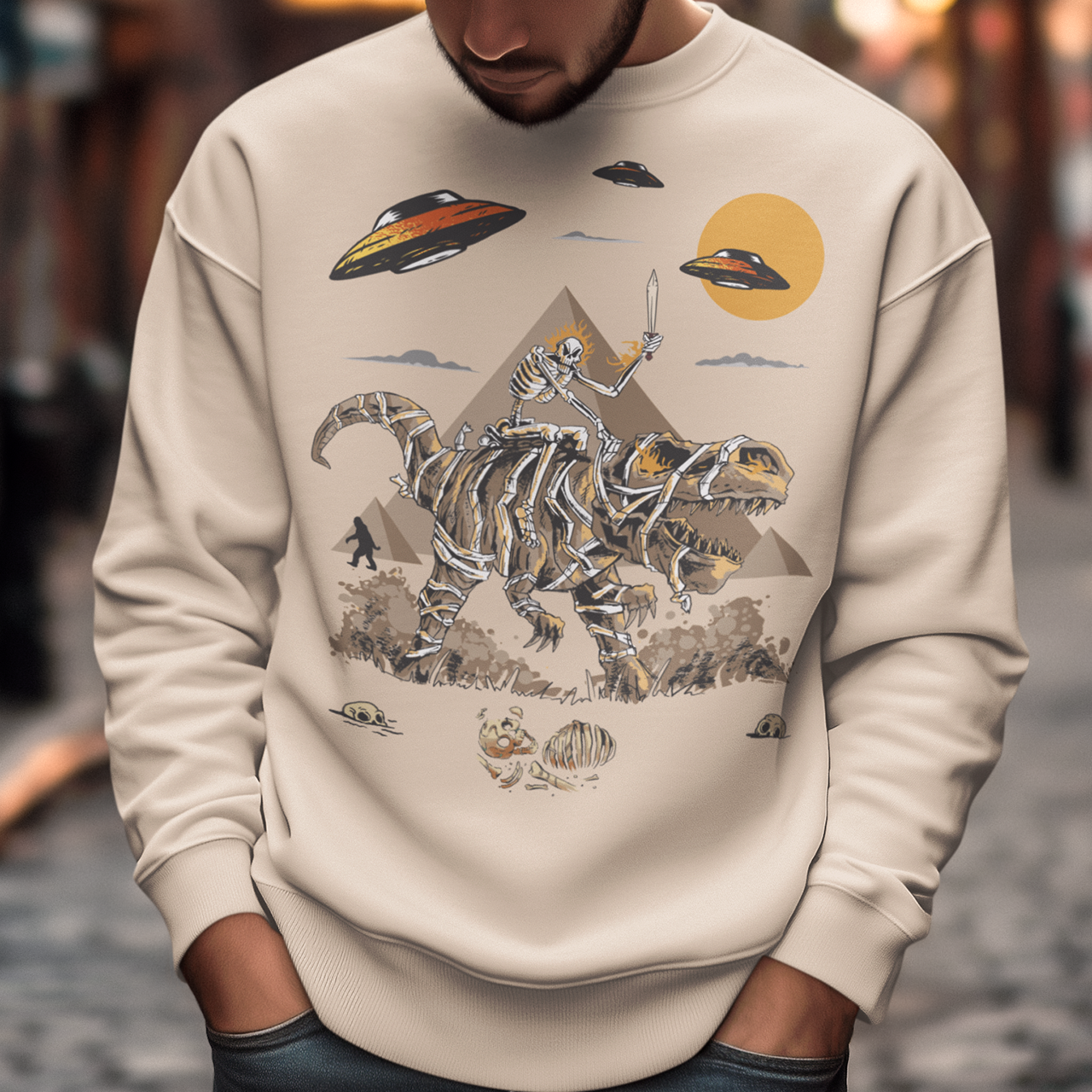 Get ready to embark on an epic adventure with our mind-blowing sweatshirt design! Picture this: a skeleton riding a T-Rex through the ancient wonders of Egypt, with UFOs hovering in the sky and Bigfoot mysteriously lurking in the background. It's a jaw-dropping fusion of history, mythology, and the unknown, all beautifully captured in one captivating design.