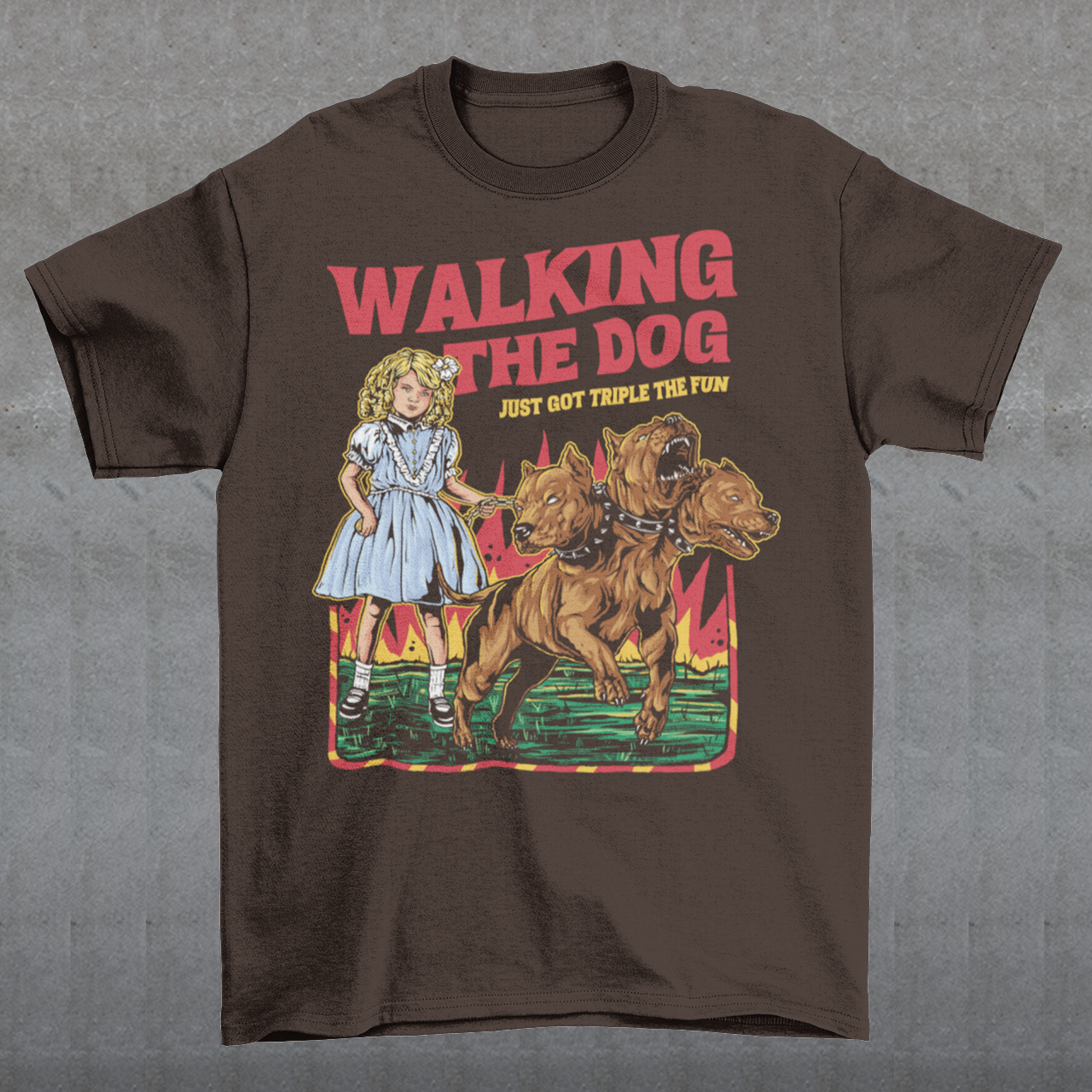 Introducing our newest t-shirt for all the daring dog walkers out there! If you're brave enough to take on the underworld's fiercest hound, Cerberus, then this shirt is for you. With a bold print of a girl confidently strolling alongside the three-headed beast, our "WALKING THE DOG JUST GOT TRIPLE THE FUN" tee is perfect for anyone who likes to add a bit of excitement to their daily routine.