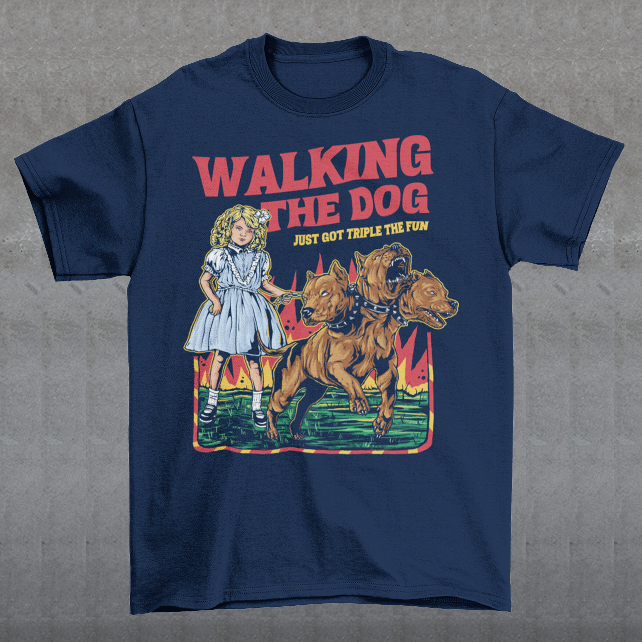 Introducing our newest t-shirt for all the daring dog walkers out there! If you're brave enough to take on the underworld's fiercest hound, Cerberus, then this shirt is for you. With a bold print of a girl confidently strolling alongside the three-headed beast, our "WALKING THE DOG JUST GOT TRIPLE THE FUN" tee is perfect for anyone who likes to add a bit of excitement to their daily routine.