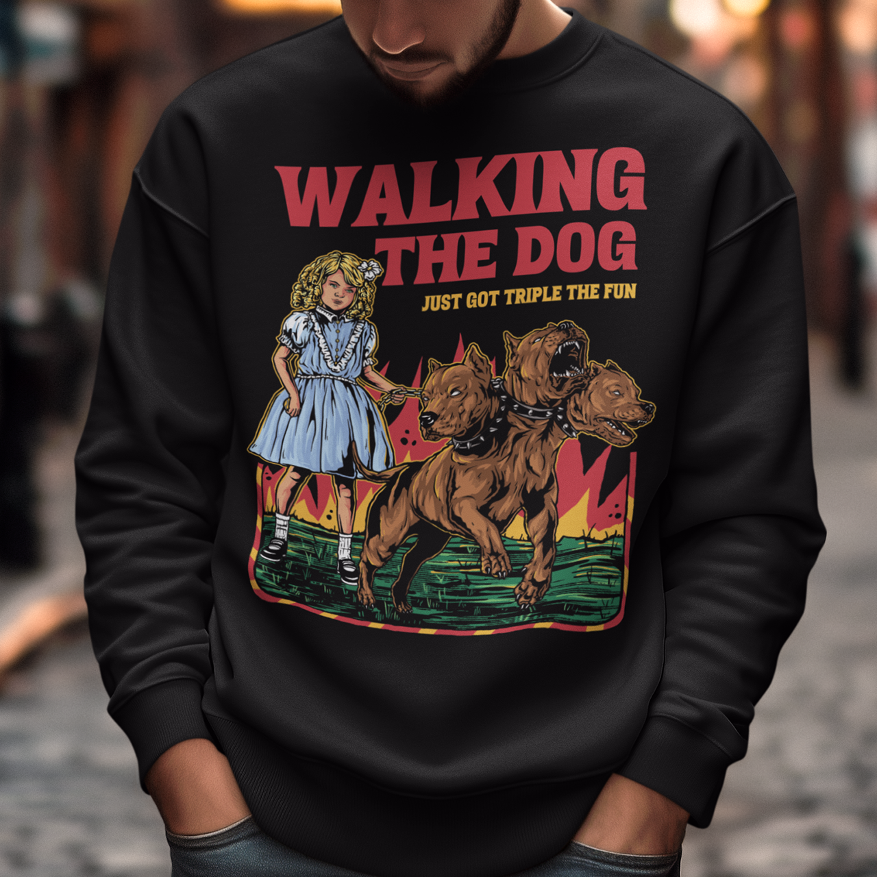 Introducing our newest sweatshirt for all the daring dog walkers out there! If you're brave enough to take on the underworld's fiercest hound, Cerberus, then this shirt is for you. With a bold print of a girl confidently strolling alongside the three-headed beast, our "WALKING THE DOG JUST GOT TRIPLE THE FUN" tee is perfect for anyone who likes to add a bit of excitement to their daily routine.
