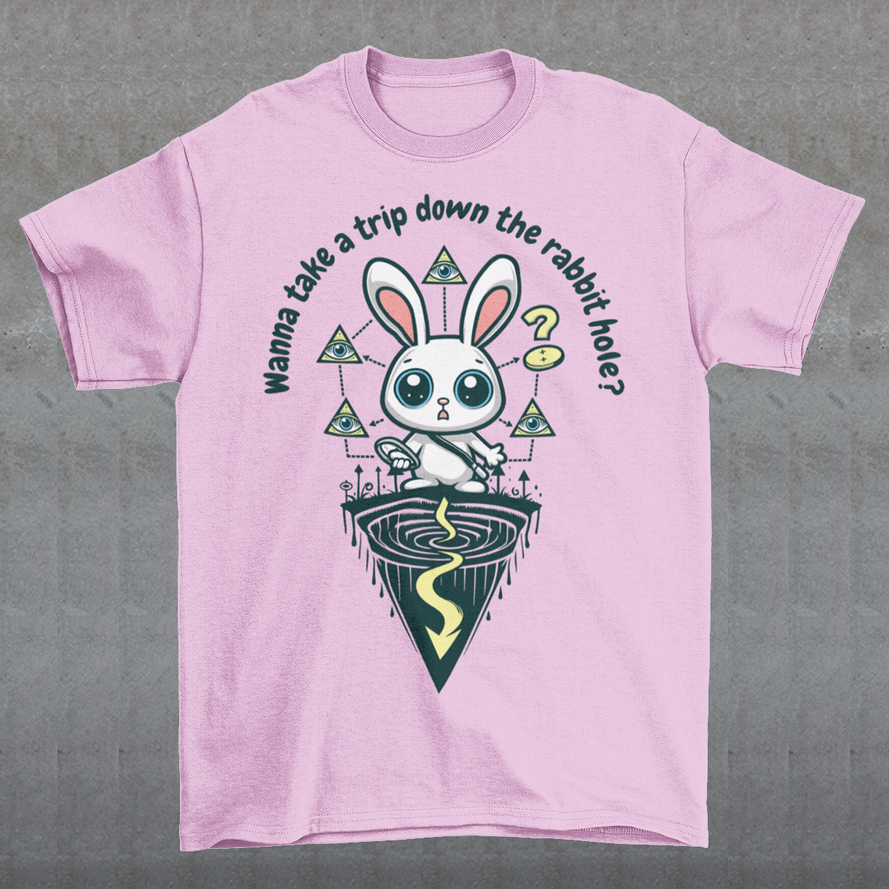 Introducing our one-of-a-kind t-shirt design that's sure to turn heads and spark conversations wherever you go! Picture this: a mysterious rabbit, with an enigmatic glint in its eye, standing poised at the entrance of a deep rabbit hole. Its ears perked up, as if listening for secrets only it knows. Above this captivating scene, bold text reads: "WANNA TAKE A TRIP DOWN THE RABBIT HOLE." Embrace your inner conspiracy theorist and invite others to join you on a journey into the unknown.