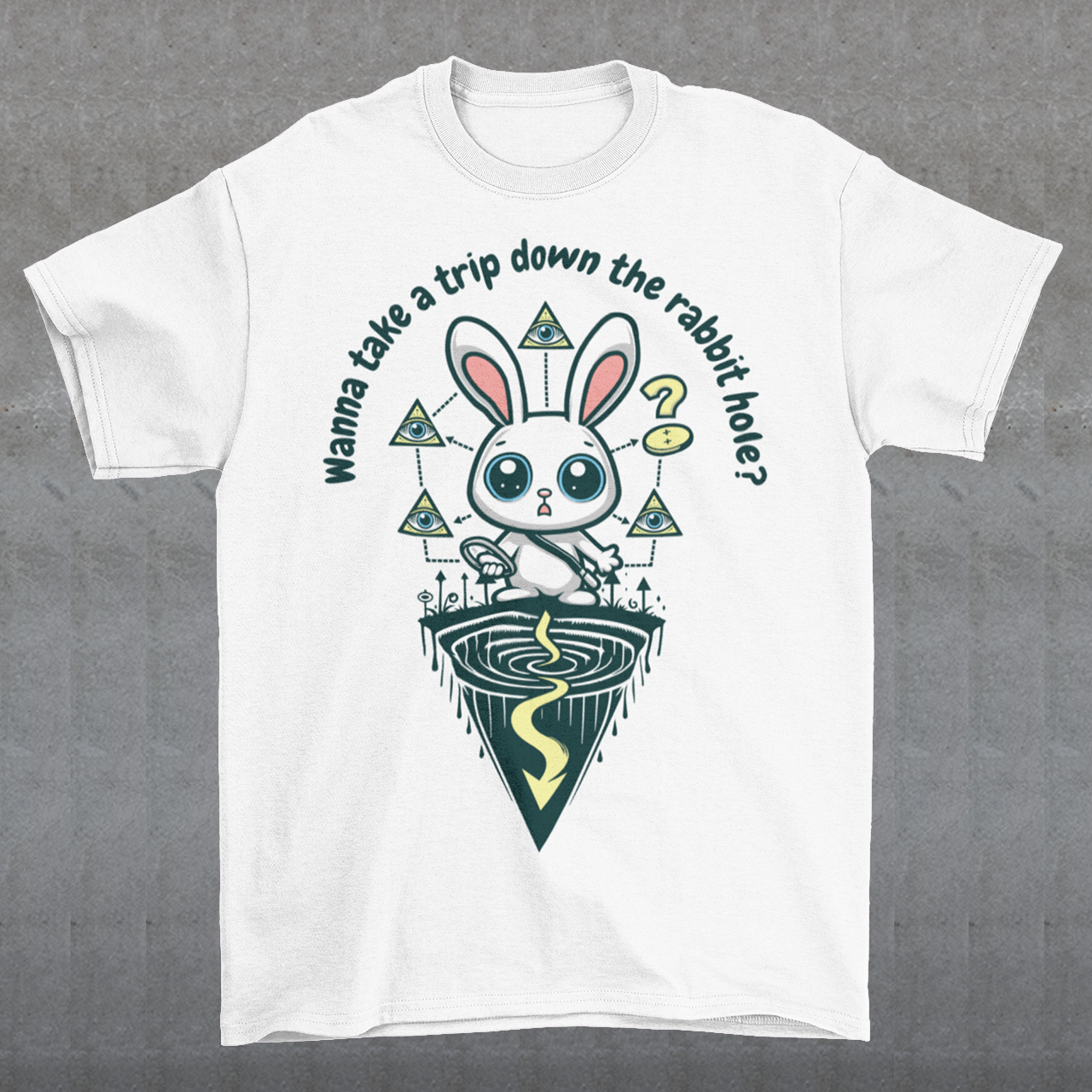 Introducing our one-of-a-kind t-shirt design that's sure to turn heads and spark conversations wherever you go! Picture this: a mysterious rabbit, with an enigmatic glint in its eye, standing poised at the entrance of a deep rabbit hole. Its ears perked up, as if listening for secrets only it knows. Above this captivating scene, bold text reads: "WANNA TAKE A TRIP DOWN THE RABBIT HOLE." Embrace your inner conspiracy theorist and invite others to join you on a journey into the unknown.