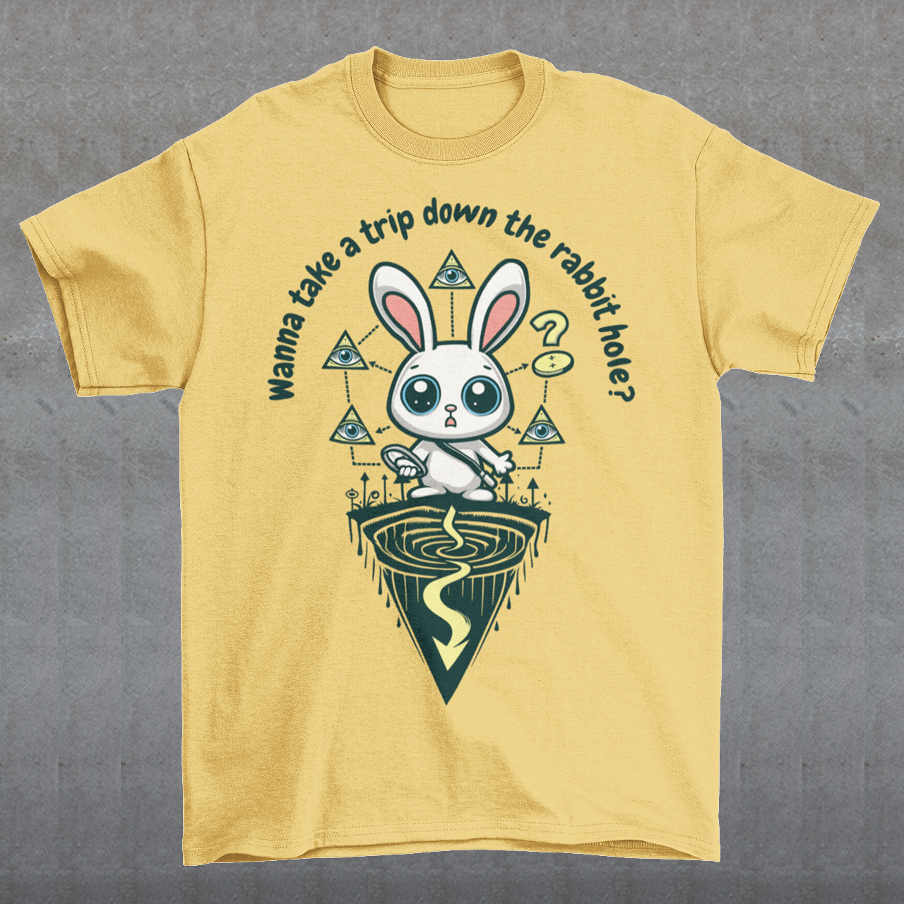 Introducing our one-of-a-kind t-shirt design that's sure to turn heads and spark conversations wherever you go! Picture this: a mysterious rabbit, with an enigmatic glint in its eye, standing poised at the entrance of a deep rabbit hole. Its ears perked up, as if listening for secrets only it knows. Above this captivating scene, bold text reads: "WANNA TAKE A TRIP DOWN THE RABBIT HOLE." Embrace your inner conspiracy theorist and invite others to join you on a journey into the unknown.