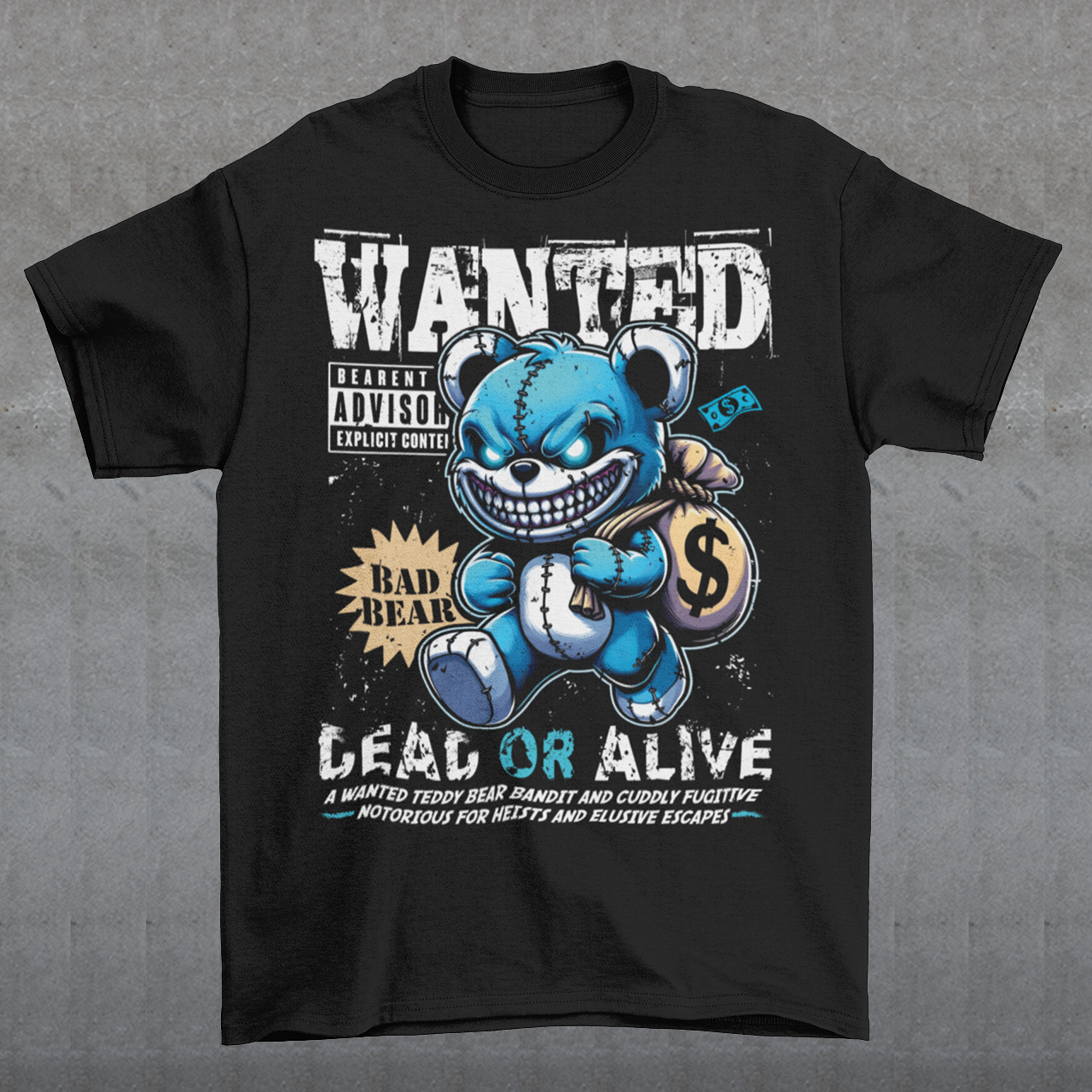 Turn heads with this bold and playful graphic tee featuring a mischievous teddy bear caught in the act! The design showcases a cartoon-style teddy bear sneaking away with a bag of money. Above the bear reads “WANTED”, while below it warns “DEAD OR ALIVE” giving it a vintage outlaw poster vibe with a fun, lighthearted twist.