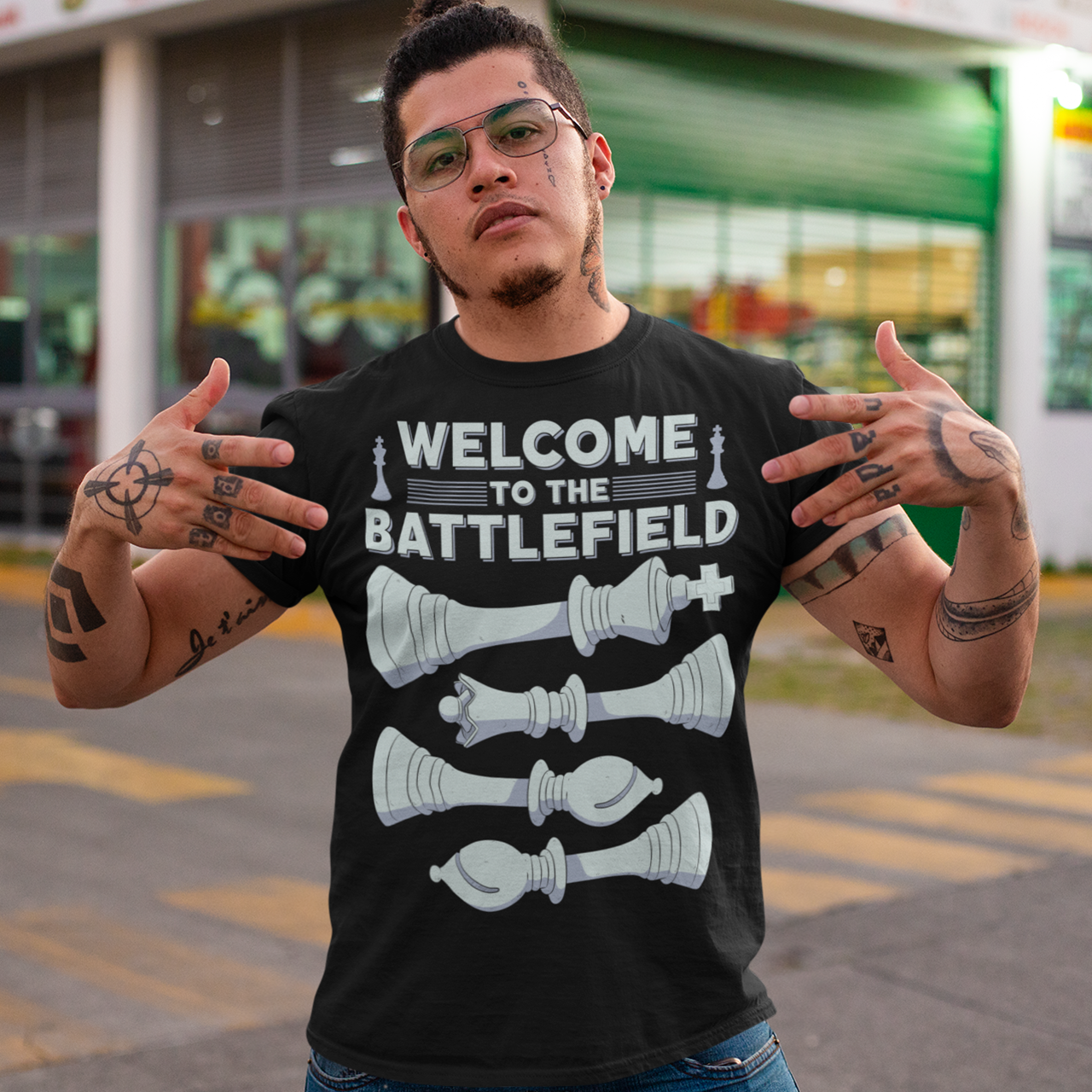 Step onto the board in style with this striking chess-themed t-shirt. Featuring four chess pieces boldly lined up across the chest, this design captures the power and elegance of the game. Above them, the phrase "WELCOME TO THE BATTLEFIELD" commands attention, setting the tone for every strategic thinker and competitor. Whether you're a seasoned grandmaster or just love the game, this shirt is your perfect uniform for everyday victories.