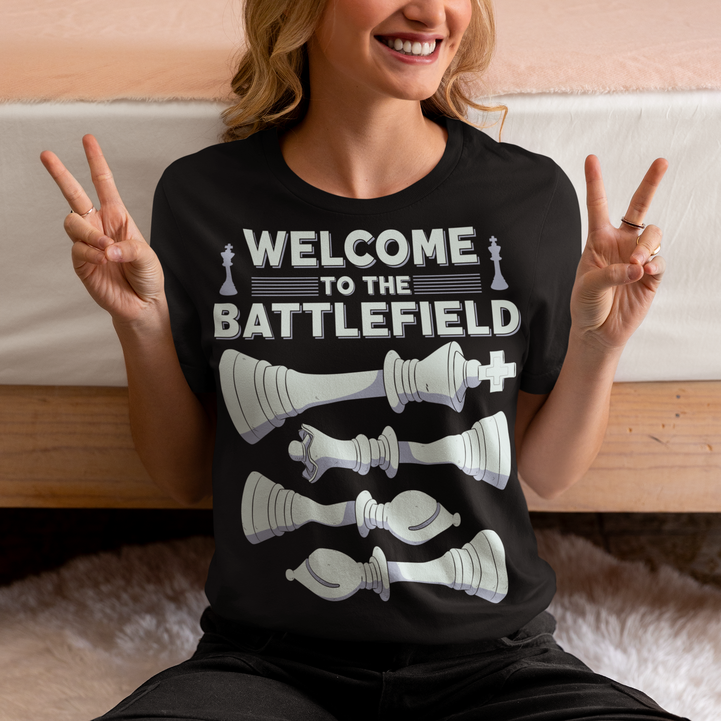 Step onto the board in style with this striking chess-themed t-shirt. Featuring four chess pieces boldly lined up across the chest, this design captures the power and elegance of the game. Above them, the phrase "WELCOME TO THE BATTLEFIELD" commands attention, setting the tone for every strategic thinker and competitor. Whether you're a seasoned grandmaster or just love the game, this shirt is your perfect uniform for everyday victories.