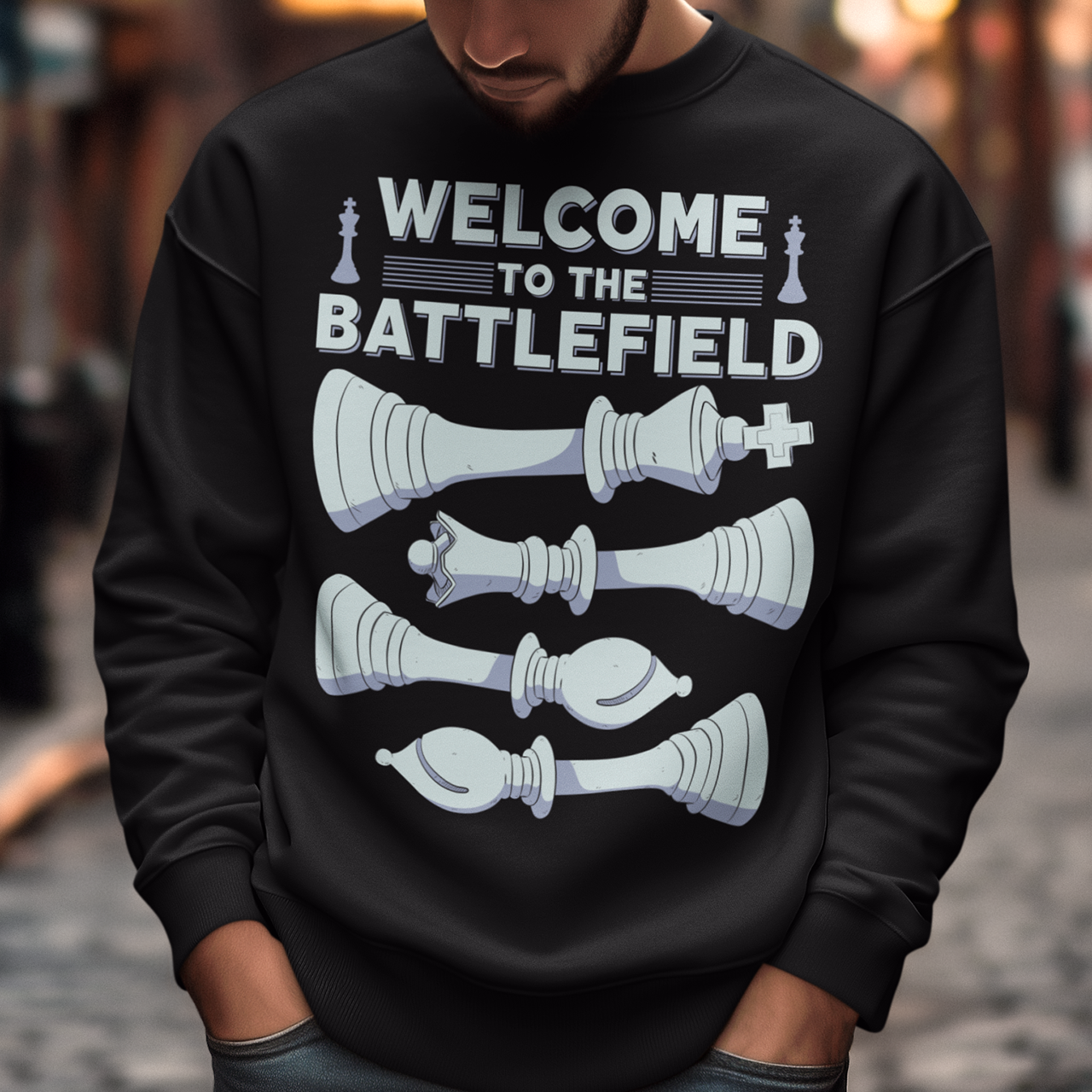 Step onto the board in style with this striking chess-themed t-shirt. Featuring four chess pieces boldly lined up across the chest, this design captures the power and elegance of the game. Above them, the phrase "WELCOME TO THE BATTLEFIELD" commands attention, setting the tone for every strategic thinker and competitor. Whether you're a seasoned grandmaster or just love the game, this shirt is your perfect uniform for everyday victories.