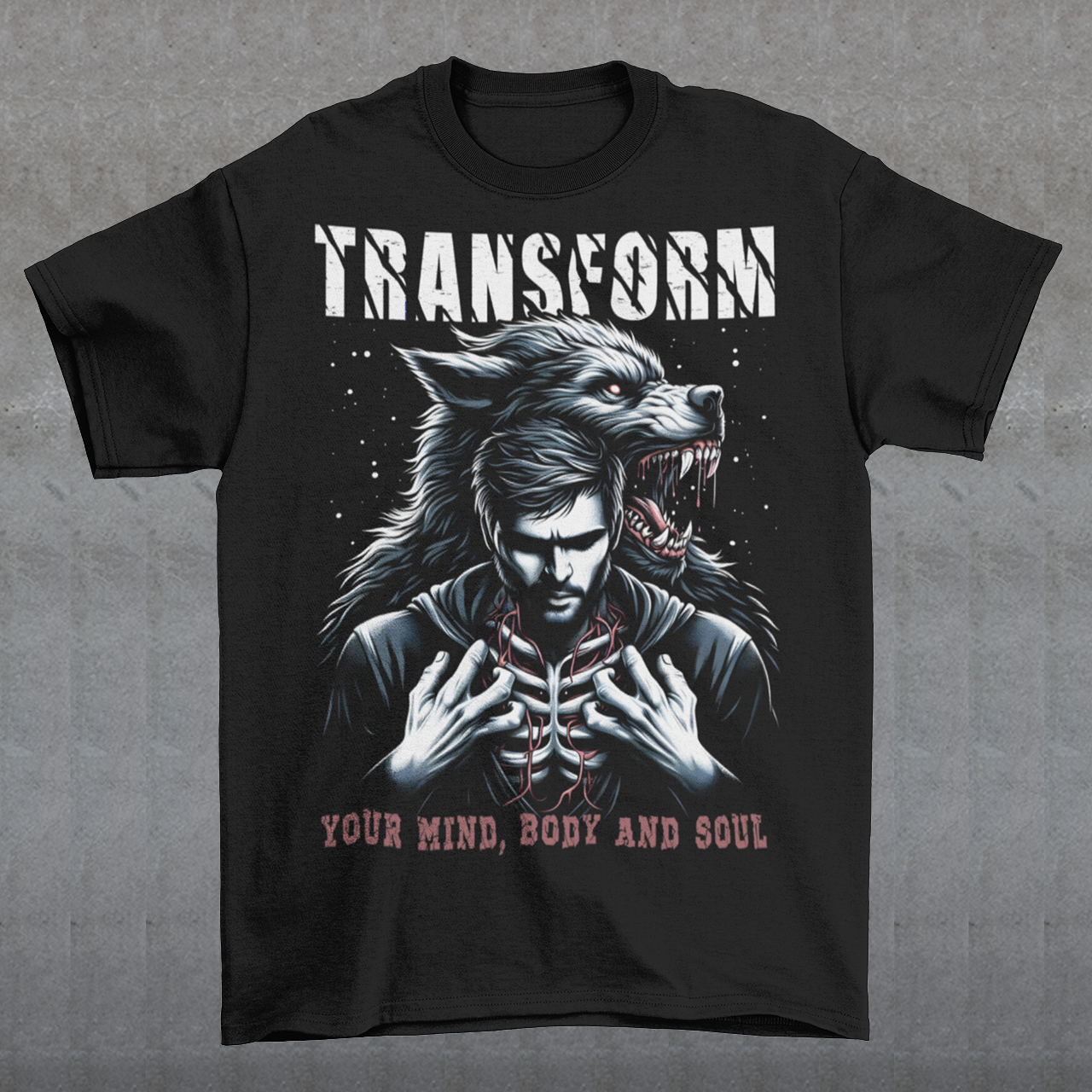This dynamic t-shirt features a striking design of a man in mid-transformation into a werewolf, symbolizing inner strength and power. The man is depicted in three phases: human, part-wolf, and full werewolf, with vibrant, detailed art that captures the intensity of the transformation.