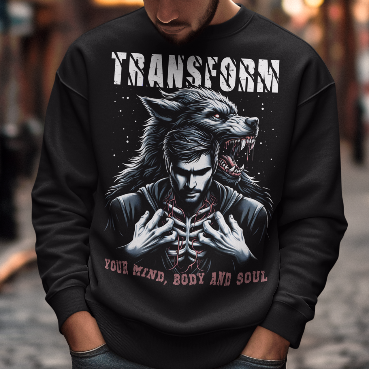 Black sweatshirt of a man who transforms in to a werewolf with text "TRANSFORM YOUR MIND BODY AND SOUL."