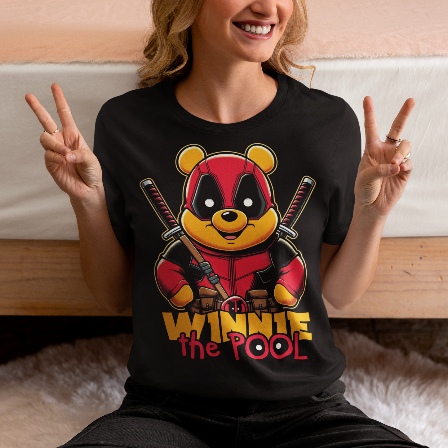This t-shirt features a bold and playful design of Winnie the Pooh, reimagined as a tough, action-ready mercenary. Dressed in tactical gear, Pooh wields two crossed samurai swords on his back, giving him a fierce yet adorable warrior look. His expression is a mix of determination and charm, keeping the spirit of the beloved character alive, but with a thrilling twist.