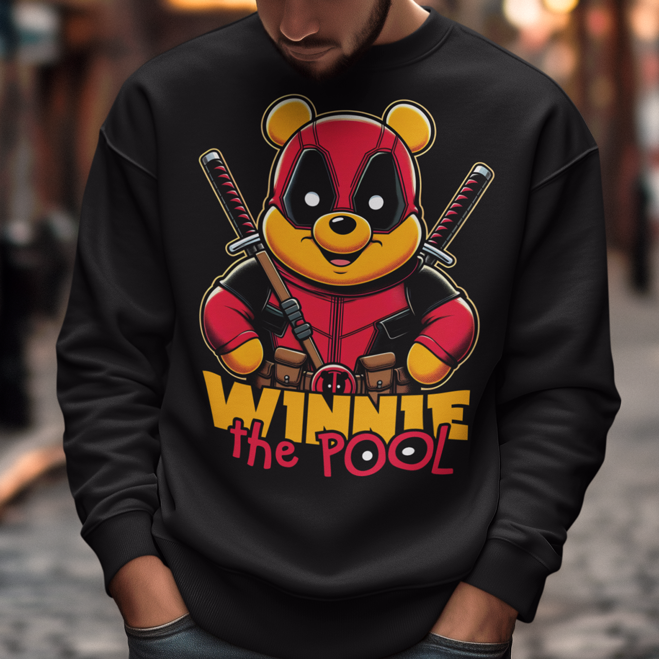 Black sweatshirt of Winnie the pooh dressed as a mercenary with samurai swords and text underneath "WINNIE THE POOL".