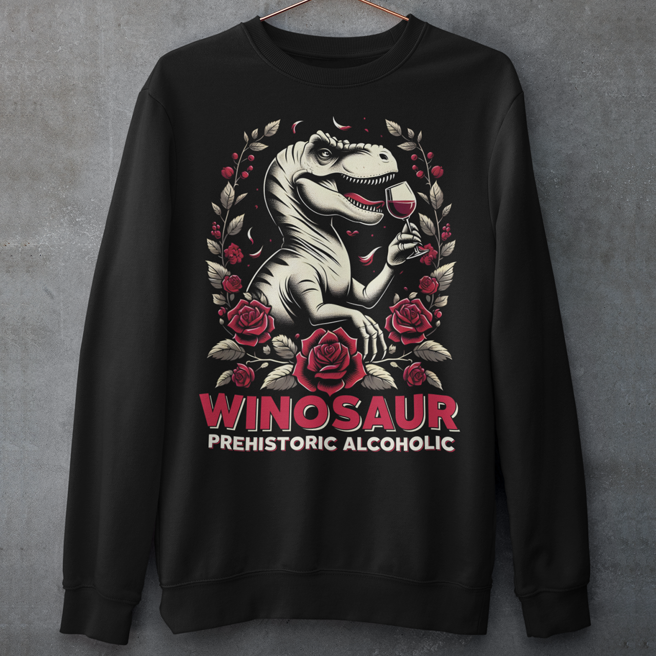 Introducing our "WINOSAUR" Sweatshirt, where prehistoric fun meets modern relaxation! This eye-catching design features a charming T-Rex delicately sipping a glass of wine, embodying the perfect blend of fierce and fabulous. Below this delightful scene, the text "WINOSAUR PREHISTORIC ALCOHOLIC" adds a playful twist, making it clear that even the mightiest of dinosaurs knew how to unwind. Ideal for wine lovers, dinosaur enthusiasts, and anyone who enjoys a good laugh.