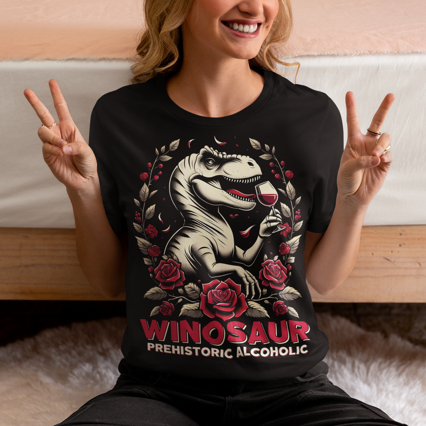 Introducing our "WINOSAUR" t-shirt, where prehistoric fun meets modern relaxation! This eye-catching design features a charming T-Rex delicately sipping a glass of wine, embodying the perfect blend of fierce and fabulous. Below this delightful scene, the text "WINOSAUR PREHISTORIC ALCOHOLIC" adds a playful twist, making it clear that even the mightiest of dinosaurs knew how to unwind. Ideal for wine lovers, dinosaur enthusiasts, and anyone who enjoys a good laugh.