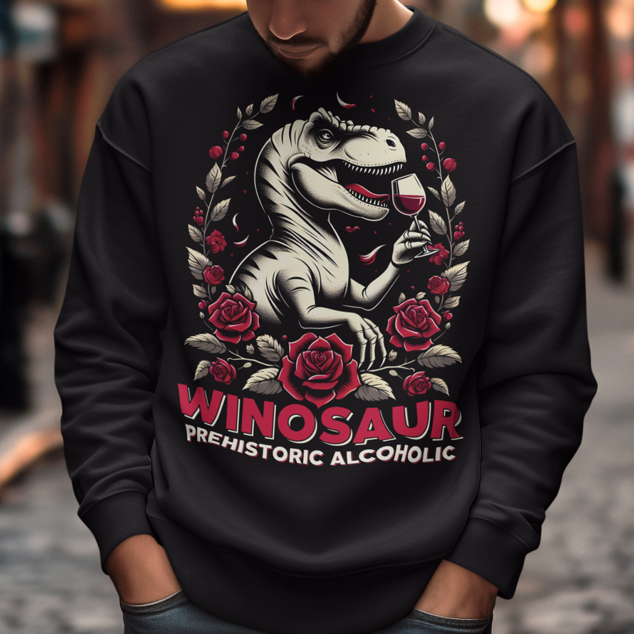 Introducing our "WINOSAUR" Sweatshirt, where prehistoric fun meets modern relaxation! This eye-catching design features a charming T-Rex delicately sipping a glass of wine, embodying the perfect blend of fierce and fabulous. Below this delightful scene, the text "WINOSAUR PREHISTORIC ALCOHOLIC" adds a playful twist, making it clear that even the mightiest of dinosaurs knew how to unwind. Ideal for wine lovers, dinosaur enthusiasts, and anyone who enjoys a good laugh.