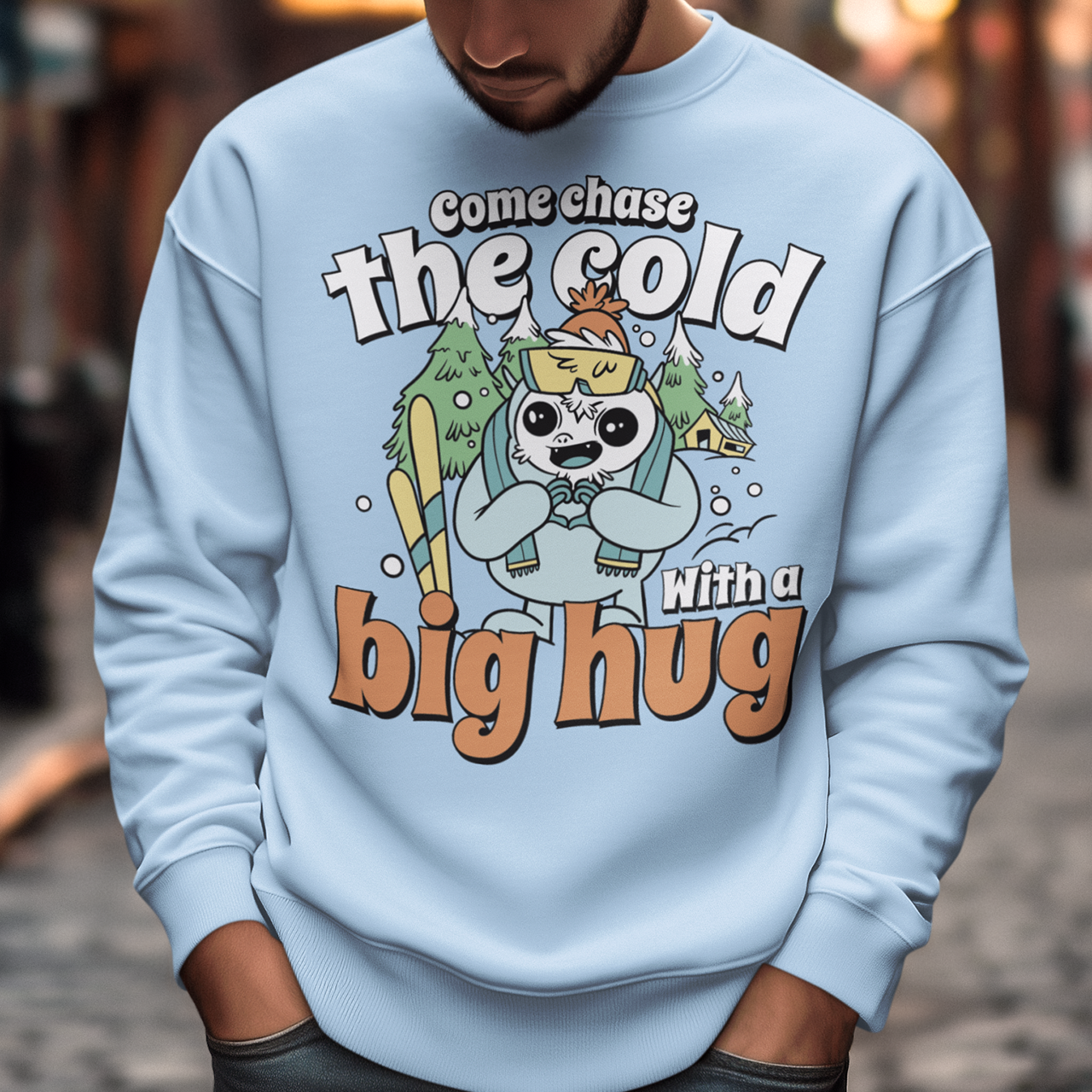 Hit the slopes in style with this playful Yeti Skiing sweatshirt! Featuring a whimsical illustration of a friendly yeti standing in the snow, this design pairs perfectly with the cozy, heartwarming message: "Come chase the cold with a big hug." Whether you're a winter sports enthusiast or just love mythical creatures with a soft side, this tee wraps comfort, humor, and chill vibes into one awesome package.