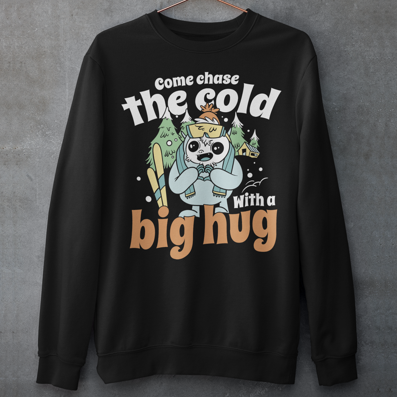 Hit the slopes in style with this playful Yeti Skiing sweatshirt! Featuring a whimsical illustration of a friendly yeti standing in the snow, this design pairs perfectly with the cozy, heartwarming message: "Come chase the cold with a big hug." Whether you're a winter sports enthusiast or just love mythical creatures with a soft side, this tee wraps comfort, humor, and chill vibes into one awesome package.