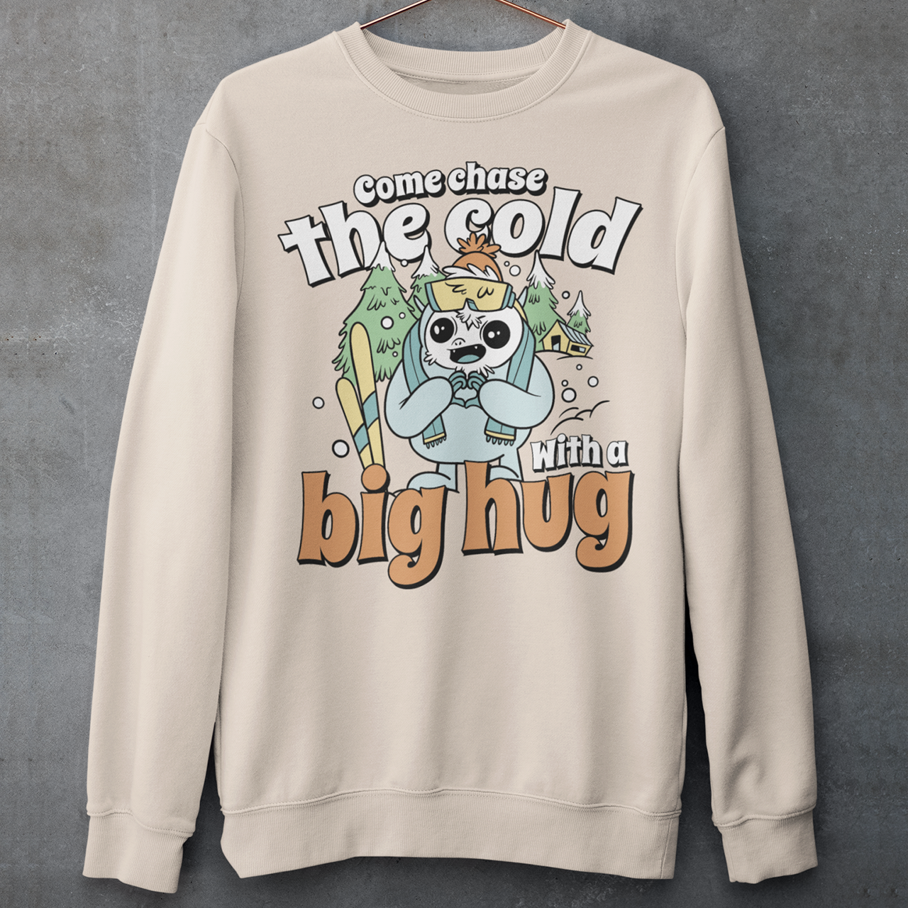 Hit the slopes in style with this playful Yeti Skiing sweatshirt! Featuring a whimsical illustration of a friendly yeti standing in the snow, this design pairs perfectly with the cozy, heartwarming message: "Come chase the cold with a big hug." Whether you're a winter sports enthusiast or just love mythical creatures with a soft side, this tee wraps comfort, humor, and chill vibes into one awesome package.