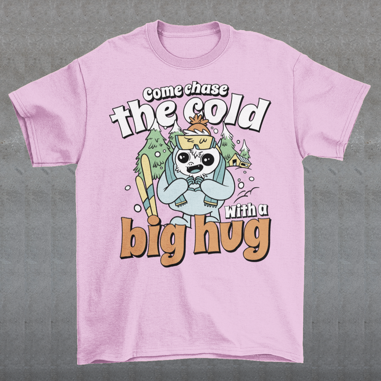 Hit the slopes in style with this playful Yeti Skiing t-shirt! Featuring a whimsical illustration of a friendly yeti standing in the snow, this design pairs perfectly with the cozy, heartwarming message: "Come chase the cold with a big hug." Whether you're a winter sports enthusiast or just love mythical creatures with a soft side, this tee wraps comfort, humor, and chill vibes into one awesome package.