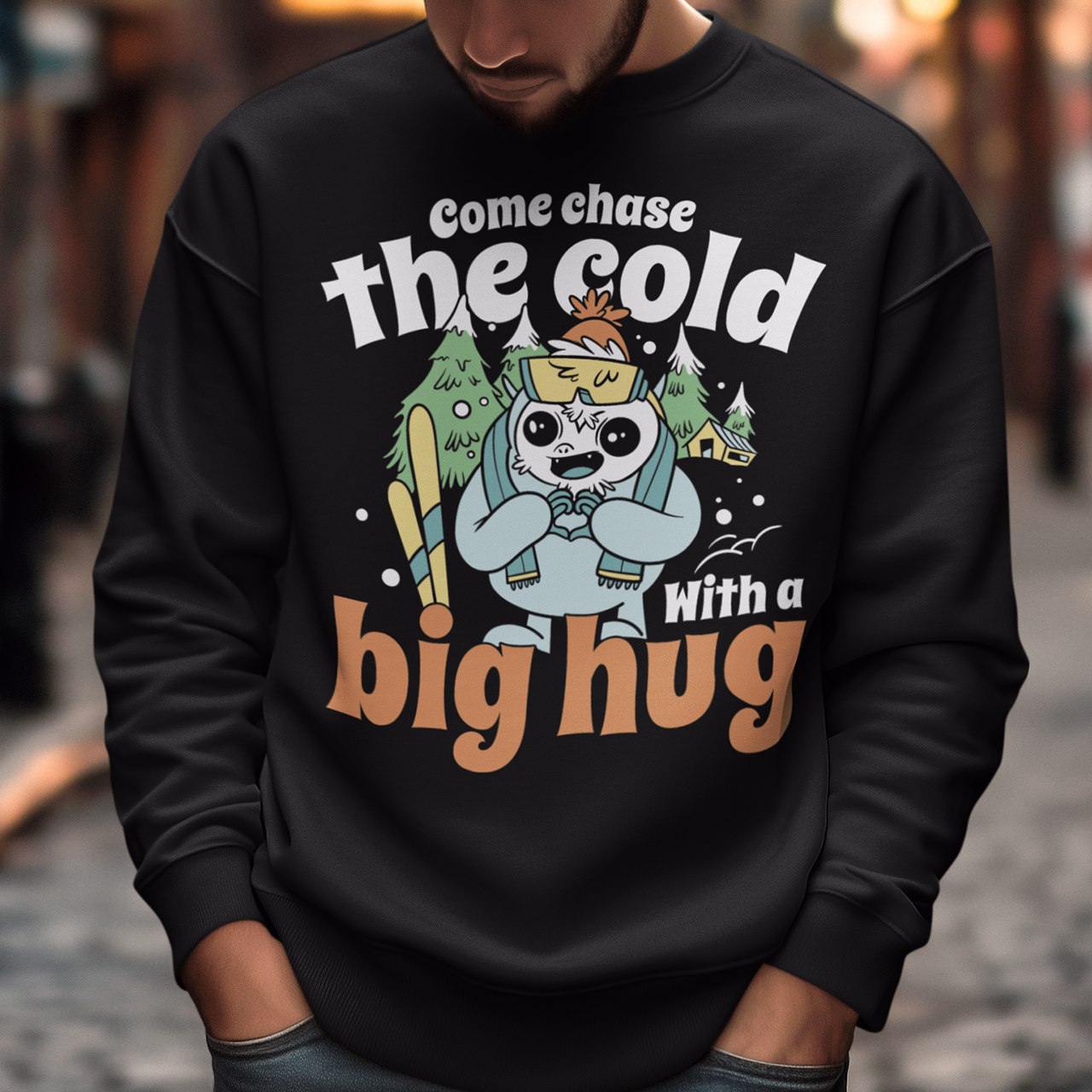 Hit the slopes in style with this playful Yeti Skiing sweatshirt! Featuring a whimsical illustration of a friendly yeti standing in the snow, this design pairs perfectly with the cozy, heartwarming message: "Come chase the cold with a big hug." Whether you're a winter sports enthusiast or just love mythical creatures with a soft side, this tee wraps comfort, humor, and chill vibes into one awesome package.