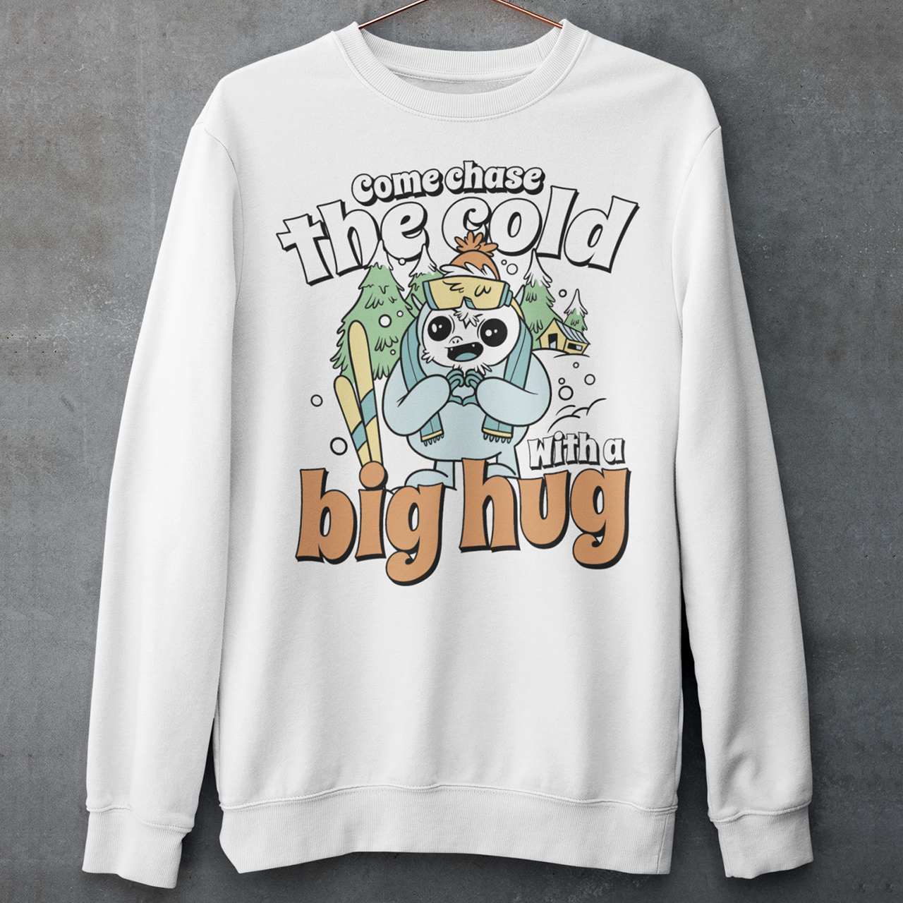 Hit the slopes in style with this playful Yeti Skiing sweatshirt! Featuring a whimsical illustration of a friendly yeti standing in the snow, this design pairs perfectly with the cozy, heartwarming message: "Come chase the cold with a big hug." Whether you're a winter sports enthusiast or just love mythical creatures with a soft side, this tee wraps comfort, humor, and chill vibes into one awesome package.