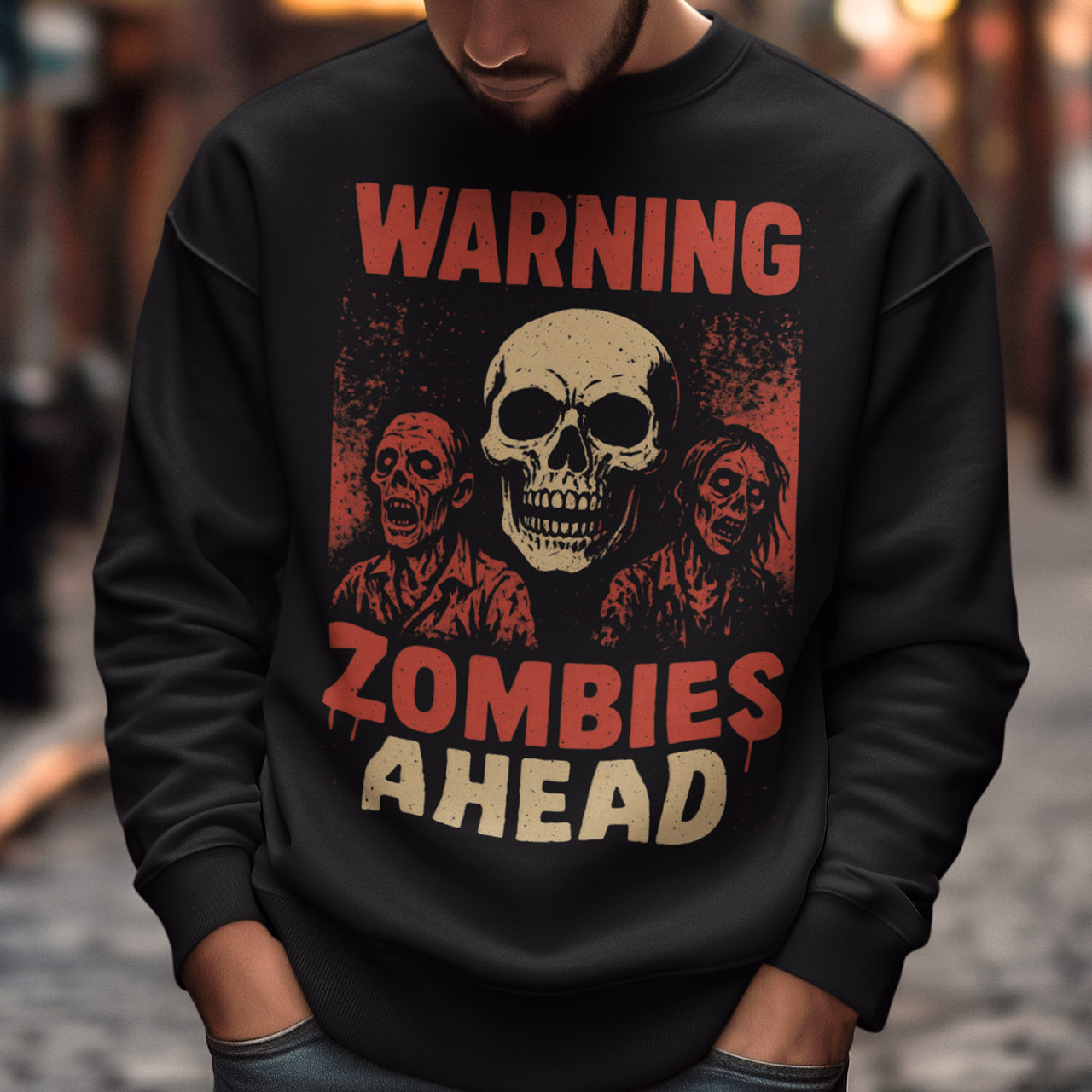 Step into the apocalypse in style with this bold zombie-themed sweatshirt! Featuring a chilling design of creepy, undead zombies, it’s framed by the warning signs you can’t ignore: “WARNING” across the top and “ZOMBIES AHEAD” below. Perfect for horror fans, Halloween lovers, or anyone who enjoys a touch of the macabre, this shirt is sure to grab attention wherever you go.