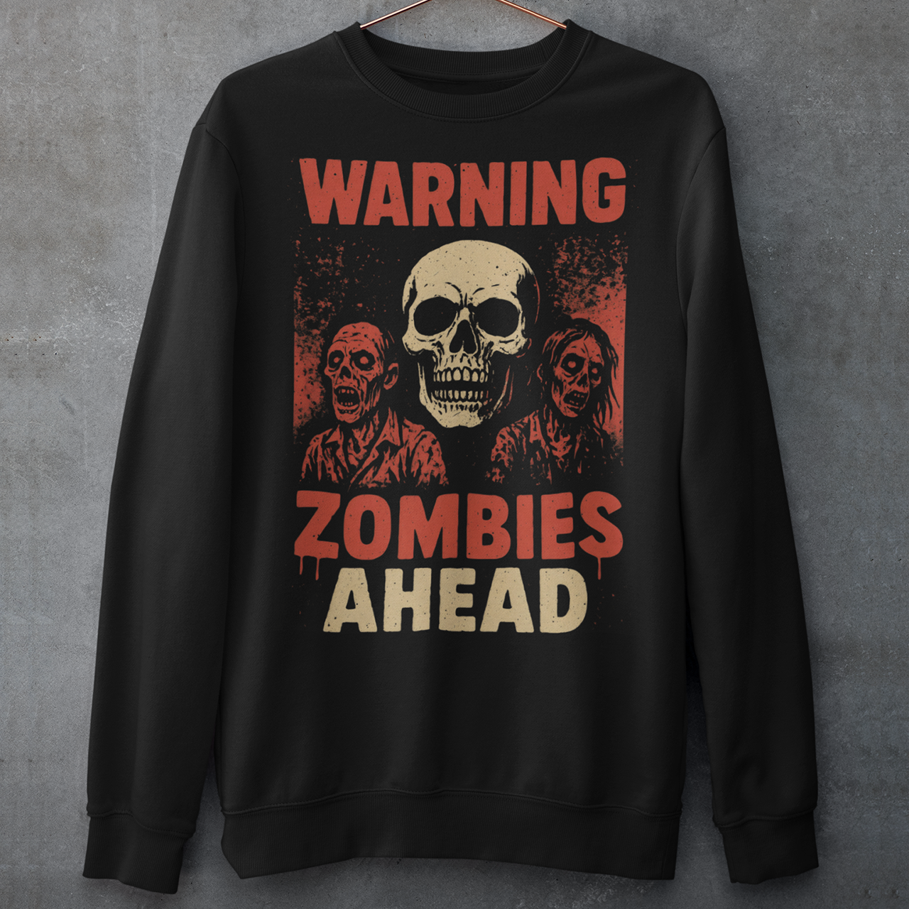 Step into the apocalypse in style with this bold zombie-themed sweatshirt! Featuring a chilling design of creepy, undead zombies, it’s framed by the warning signs you can’t ignore: “WARNING” across the top and “ZOMBIES AHEAD” below. Perfect for horror fans, Halloween lovers, or anyone who enjoys a touch of the macabre, this shirt is sure to grab attention wherever you go.
