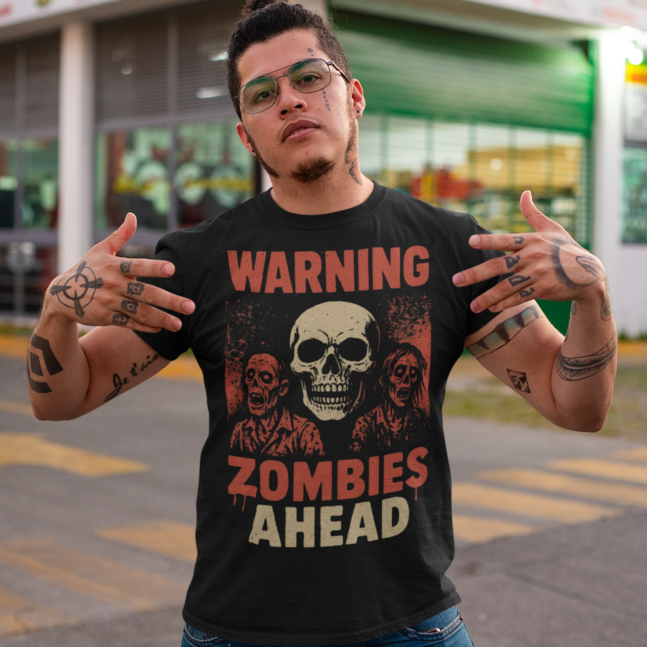Step into the apocalypse in style with this bold zombie-themed t-shirt! Featuring a chilling design of creepy, undead zombies, it’s framed by the warning signs you can’t ignore: “WARNING” across the top and “ZOMBIES AHEAD” below. Perfect for horror fans, Halloween lovers, or anyone who enjoys a touch of the macabre, this shirt is sure to grab attention wherever you go.