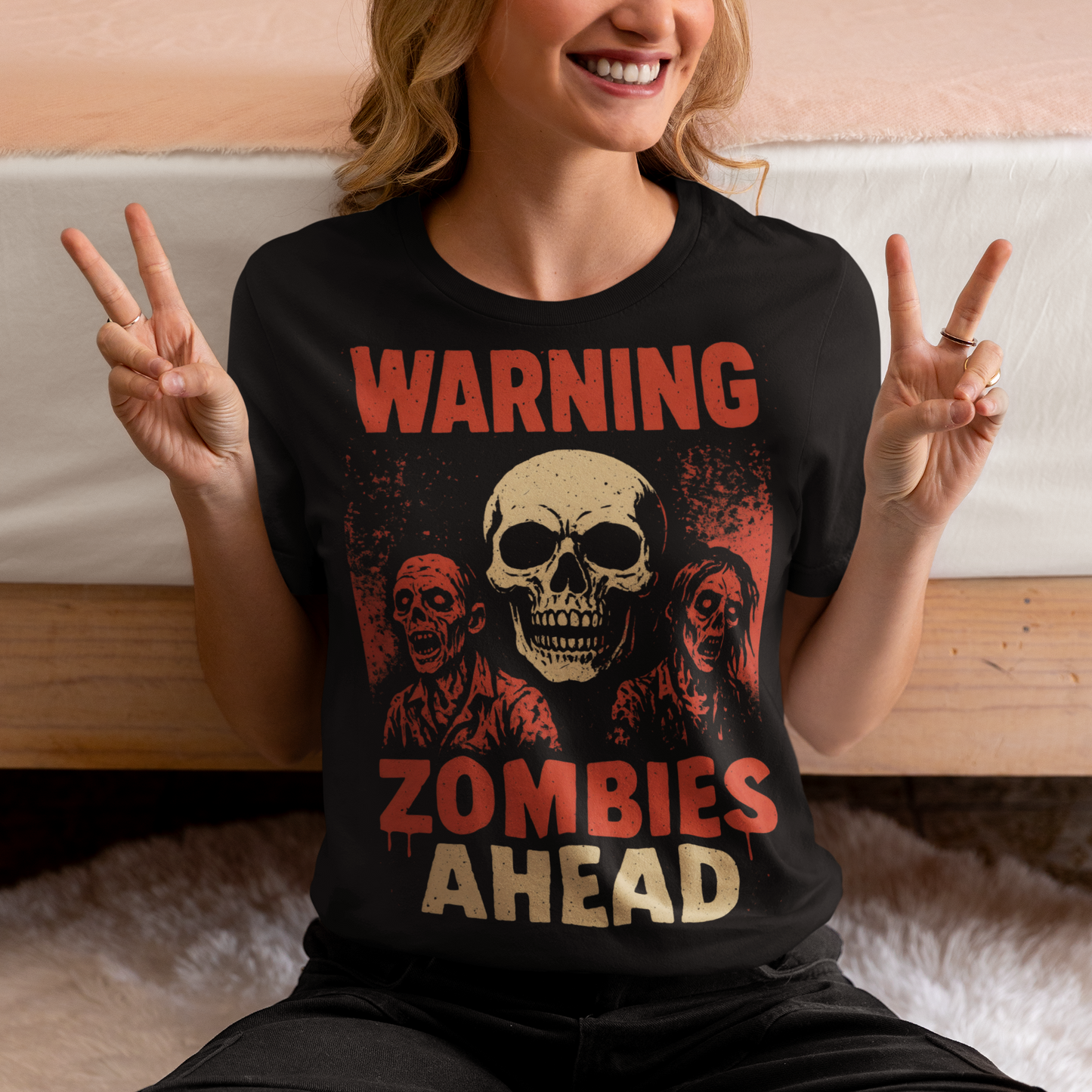 Step into the apocalypse in style with this bold zombie-themed t-shirt! Featuring a chilling design of creepy, undead zombies, it’s framed by the warning signs you can’t ignore: “WARNING” across the top and “ZOMBIES AHEAD” below. Perfect for horror fans, Halloween lovers, or anyone who enjoys a touch of the macabre, this shirt is sure to grab attention wherever you go.