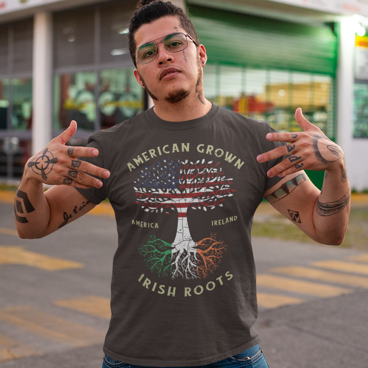 The American Grown Irish Roots Tree of Life t-shirt design is a unique and symbolic representation of the wearer's heritage and connection to the earth. The design features a tree with roots that spread out and intertwine, representing the strength and resilience of Irish culture and its deep connection to the land. The trunk of the tree is made up of the American flag, symbolizing the wearer's pride in their American identity and their Irish heritage, which is a part of the American culture.