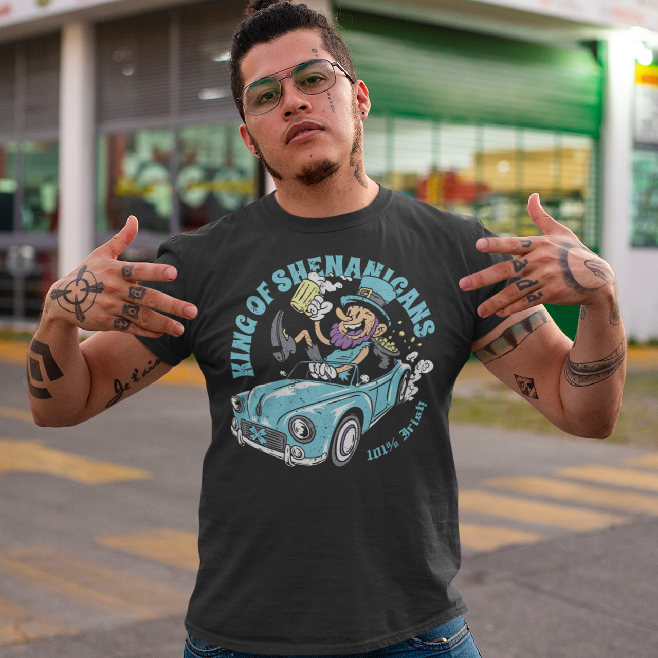 Get ready to stir up some trouble with this hilarious t-shirt featuring a leprechaun enjoying a cold pint of beer in the front seat of a car! With his mischievous grin and twinkling eyes, this little guy is clearly the king of shenanigans.