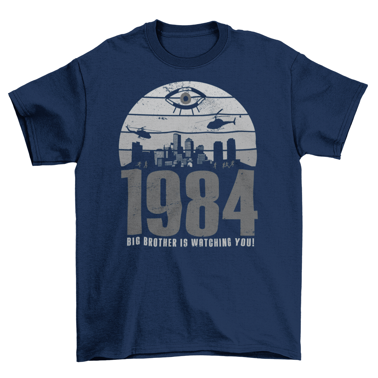 A navy t-shirt with a design of a sunset with dystopian silhouette with text underneath "1984 BIG BROTHER IS WATCHING".