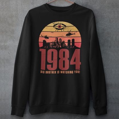 Black sweatshirt of a dystopian city silhouette on a retro sun with text 1984 BIG BROTHER IS WATCHING YOU!