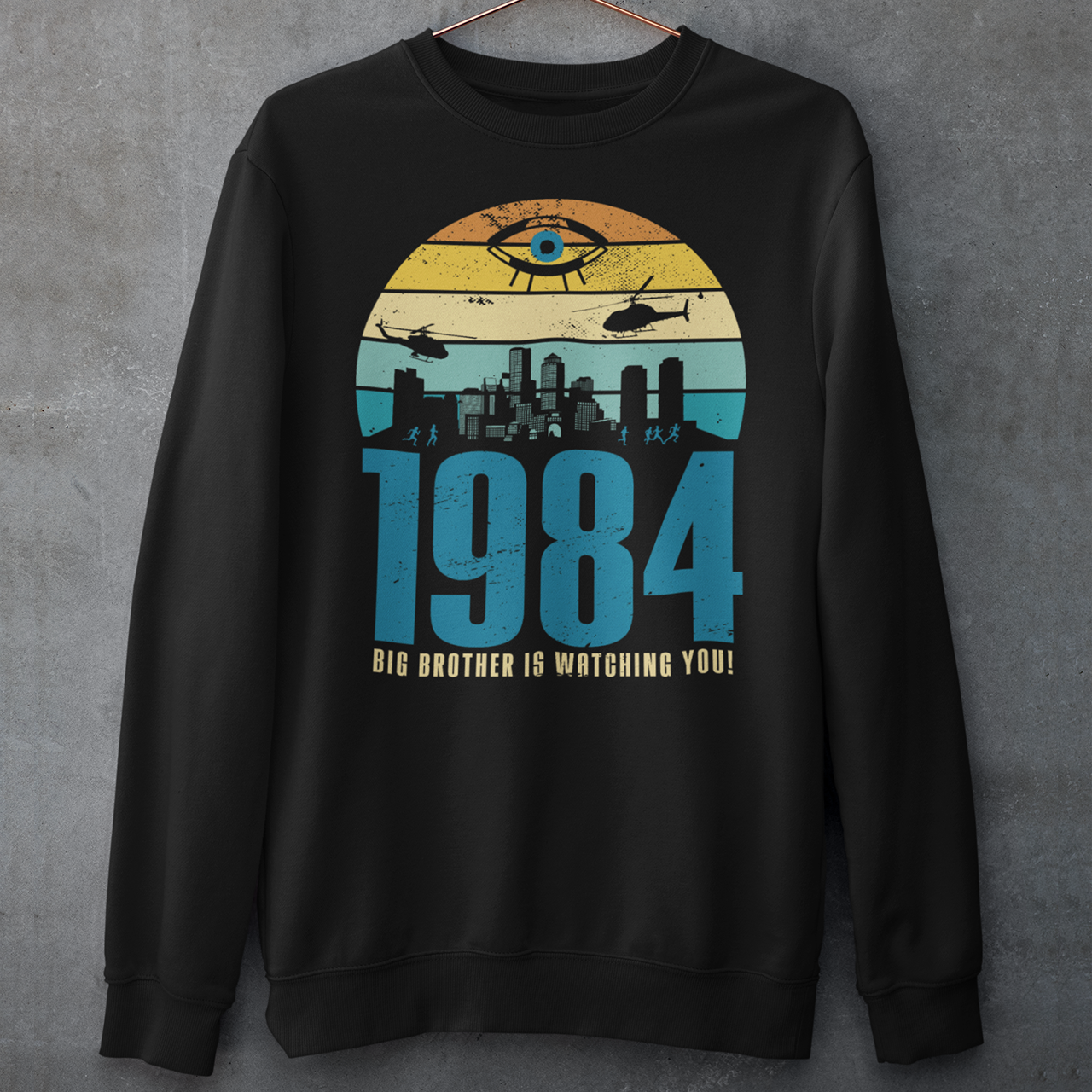 Black sweatshirt of a dystopian city silhouette on a retro sun with text 1984 BIG BROTHER IS WATCHING YOU!