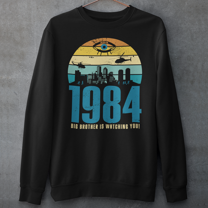 Introducing our George Orwell 1984 sweatshirt with a bold "Big Brother is Watching" design! If you're a fan of Orwell's classic dystopian novel or just love thought-provoking literary references, this shirt is for you. The design features the iconic phrase "Big Brother is Watching" in small, bold letters, set against a stark sunset background. The lettering has a slightly distressed, vintage look, giving the shirt a cool, edgy vibe.