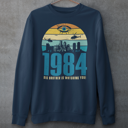 Navy sweatshirt of a dystopian city silhouette on a retro sun with text 1984 BIG BROTHER IS WATCHING YOU!