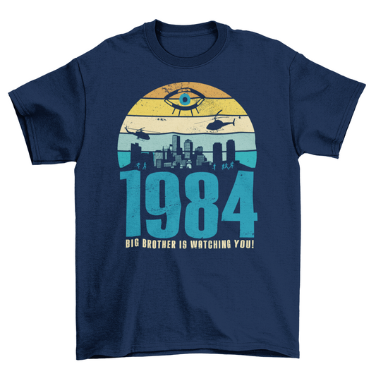 A navy t-shirt with a design of a sunset with dystopian silhouette with text underneath "1984 BIG BROTHER IS WATCHING".