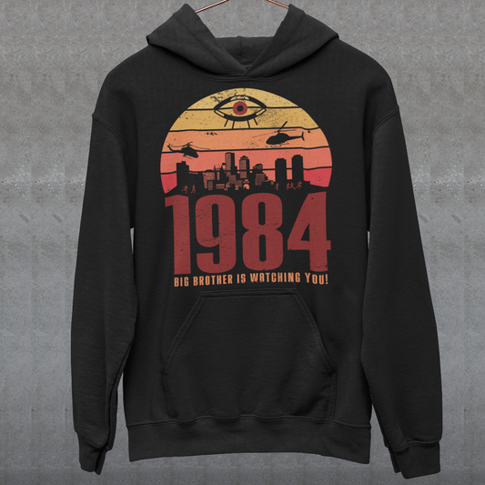 Introducing our George Orwell 1984 Hoodie with a bold "Big Brother is Watching" design! If you're a fan of Orwell's classic dystopian novel or just love thought-provoking literary references, this shirt is for you. The design features the iconic phrase "Big Brother is Watching" in small, bold letters, set against a stark sunset background. The lettering has a slightly distressed, vintage look, giving the shirt a cool, edgy vibe.