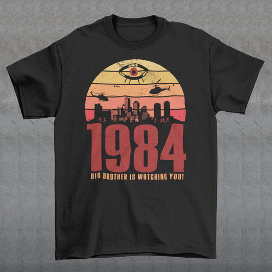Introducing our George Orwell 1984 t-shirt with a bold "Big Brother is Watching" design! If you're a fan of Orwell's classic dystopian novel or just love thought-provoking literary references, this shirt is for you. The design features the iconic phrase "Big Brother is Watching" in small, bold letters, set against a stark sunset background. The lettering has a slightly distressed, vintage look, giving the shirt a cool, edgy vibe.