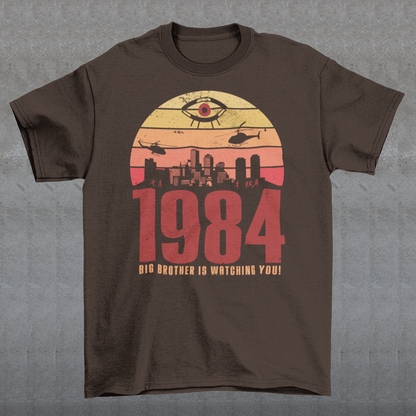 Introducing our George Orwell 1984 t-shirt with a bold "Big Brother is Watching" design! If you're a fan of Orwell's classic dystopian novel or just love thought-provoking literary references, this shirt is for you. The design features the iconic phrase "Big Brother is Watching" in small, bold letters, set against a stark sunset background. The lettering has a slightly distressed, vintage look, giving the shirt a cool, edgy vibe.