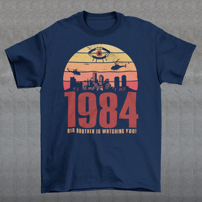 Introducing our George Orwell 1984 t-shirt with a bold "Big Brother is Watching" design! If you're a fan of Orwell's classic dystopian novel or just love thought-provoking literary references, this shirt is for you. The design features the iconic phrase "Big Brother is Watching" in small, bold letters, set against a stark sunset background. The lettering has a slightly distressed, vintage look, giving the shirt a cool, edgy vibe.