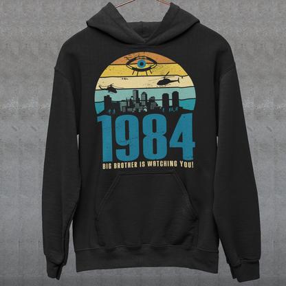 Introducing our George Orwell 1984 Hoodie with a bold "Big Brother is Watching" design! If you're a fan of Orwell's classic dystopian novel or just love thought-provoking literary references, this shirt is for you. The design features the iconic phrase "Big Brother is Watching" in small, bold letters, set against a stark sunset background. The lettering has a slightly distressed, vintage look, giving the shirt a cool, edgy vibe.