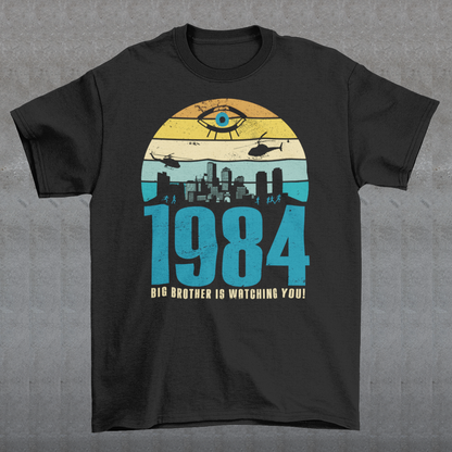 Introducing our George Orwell 1984 t-shirt with a bold "Big Brother is Watching" design! If you're a fan of Orwell's classic dystopian novel or just love thought-provoking literary references, this shirt is for you. The design features the iconic phrase "Big Brother is Watching" in small, bold letters, set against a stark sunset background. The lettering has a slightly distressed, vintage look, giving the shirt a cool, edgy vibe.