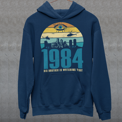Introducing our George Orwell 1984 Hoodie with a bold "Big Brother is Watching" design! If you're a fan of Orwell's classic dystopian novel or just love thought-provoking literary references, this shirt is for you. The design features the iconic phrase "Big Brother is Watching" in small, bold letters, set against a stark sunset background. The lettering has a slightly distressed, vintage look, giving the shirt a cool, edgy vibe.