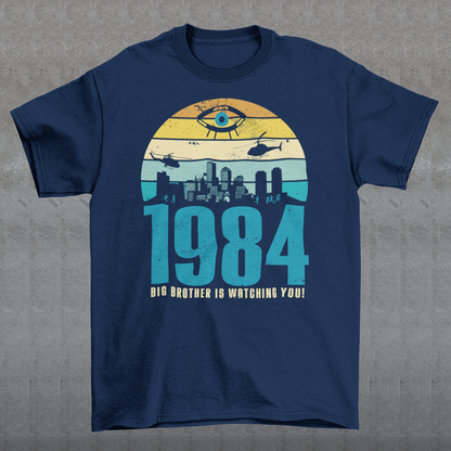Introducing our George Orwell 1984 t-shirt with a bold "Big Brother is Watching" design! If you're a fan of Orwell's classic dystopian novel or just love thought-provoking literary references, this shirt is for you. The design features the iconic phrase "Big Brother is Watching" in small, bold letters, set against a stark sunset background. The lettering has a slightly distressed, vintage look, giving the shirt a cool, edgy vibe.